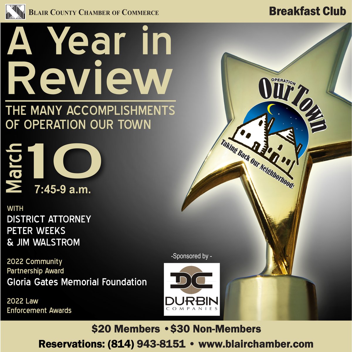 Review the year with the Chamber at Breakfast Club on March 10 at The Casino at Lakemont Park. District Attorneys Peter Weeks and Jim Walstrom will be be speaking, and some awards will be given out as well.  To register, call 814-943-8151 or visit bit.ly/33MD8z6.