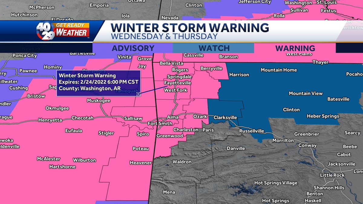 3:03PM UPDATE:
The NWS has now issued a Winter Storm Warning for all of NWA, much of the River Valley, for Weds/Thurs.

Significant sleet, with freezing rain on top in NWA.

Some sleet, mostly freezing rain in the River Valley.

Power outages will be possible.
#arwx 
#okwx