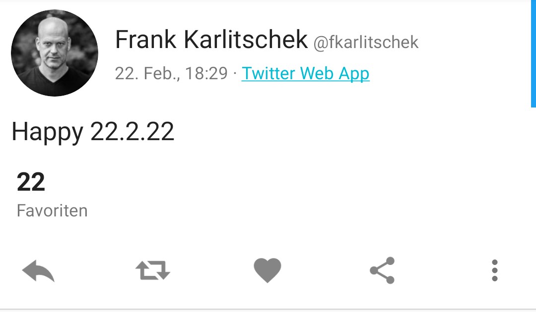 fds2610's tweet photo. @fkarlitschek 22 likes am 22.2.22 herzlichen Glückwunsch Herr Karlitschek ;-) https://t.co/wkmQTuMlna