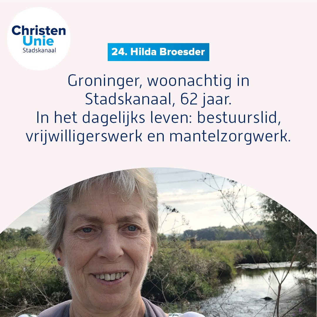 Tot aan de gemeenteraadsverkiezingen van 16 maart stellen wij onze kandidaten voor.

Vandaag de beurt aan nummer 24: Hilda Broesder.

#GR22 #Stadskanaal #Onstwedde #Mussel #Alteveer #Musselkanaal #geefgeloofeenstem #SamenRechtDoen
#16maart2022