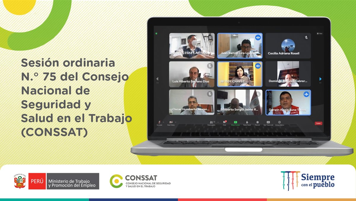 MTPE_Peru's tweet photo. En la sesión ordinaria 75 del Consejo Nacional de Seguridad y Salud en el Trabajo (#CONSSAT), el MTPE acordó solicitar al @Minsa_Peru el estado situacional del informe final del Comité de revisión de la normativa del Seguro Complementario de Trabajo de Riesgo (SCTR). https://t.co/IXNAs8WYLn