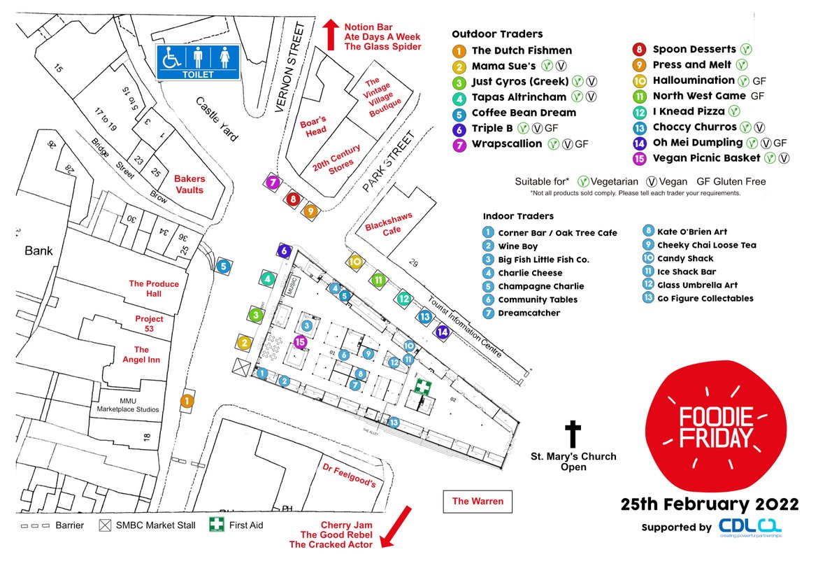 Please RT our trader map with this awesome line-up of street food stars @mamasue222 @tapasaltrincham @justgyros @triplebagels @wrapscallion_co @PressandMelt @halloumination @NW_Game @i_knead_pizza @ohmeidumpling @ChoccyChurros @spoondesserts @coffeebeansarah @thedutchfishman 🌟