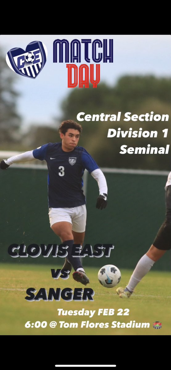 Matchday: D1 Semifinals!

Your Clovis East Mens Soccer travel to take on <a href="/Apache_Soccer/">Sanger Mens Soccer</a>  in the Semifinal of the Central Section D1 playoffs! Kickoff will take place at 6:00pm at Tom Flores Stadium, get your tickets online (link below). The Rematch is here!