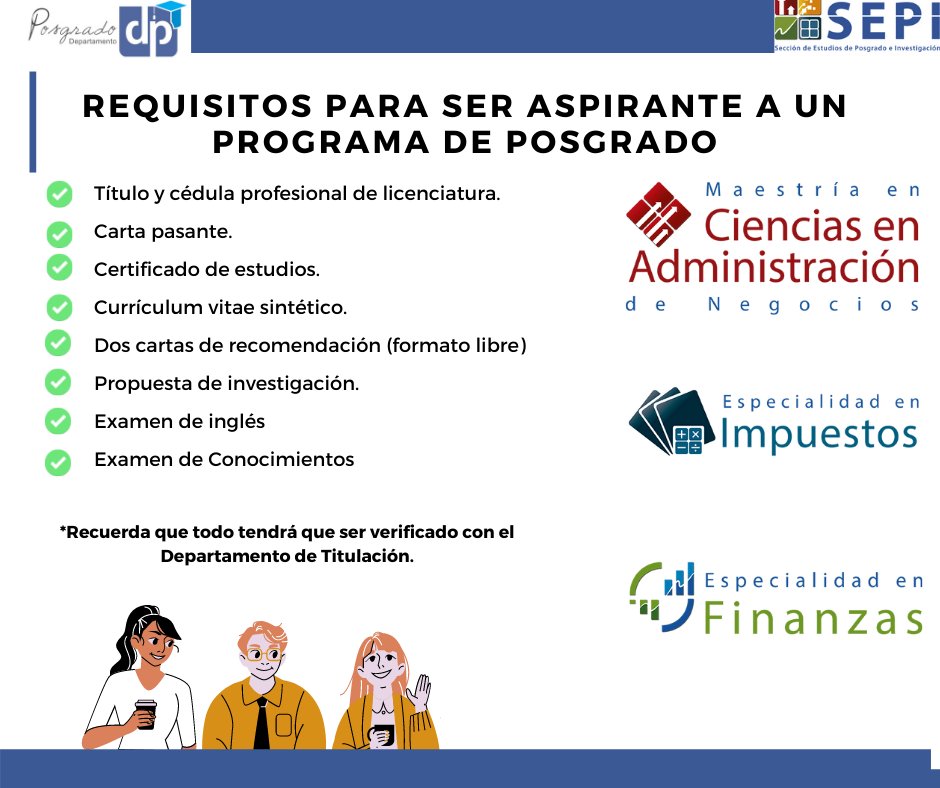 PosgradoESCATEP's tweet photo. ¿Te interesa cursar estudios de posgrado?

La Sección de Investigación y Posgrado te invita a conocer los requisitos para registrarte a un programa de maestría o especialidad. 

Cualquier duda puedes escribirnos a nuestras redes sociales.
 #Maestría #Especialidades #Posgrado #IPN https://t.co/ftKus48zHV