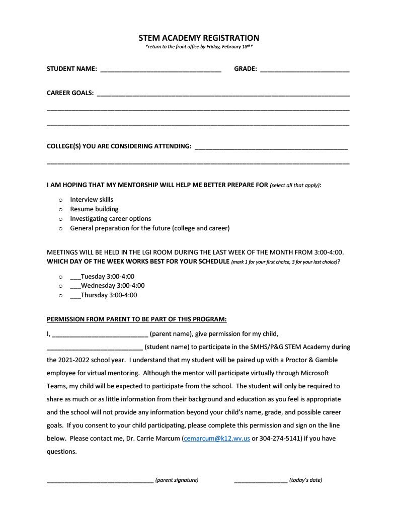 Mrs. Slatcoff and Dr. Marcum will have a very brief meeting tomorrow morning at 8:55am (during breakfast) in the LGI room for students who have an interest in a STEM career and would like more information about the mentorship opportunity with Proctor &amp; Gamble. <a href="/SMH_Cardinals/">SMHCardinals</a>