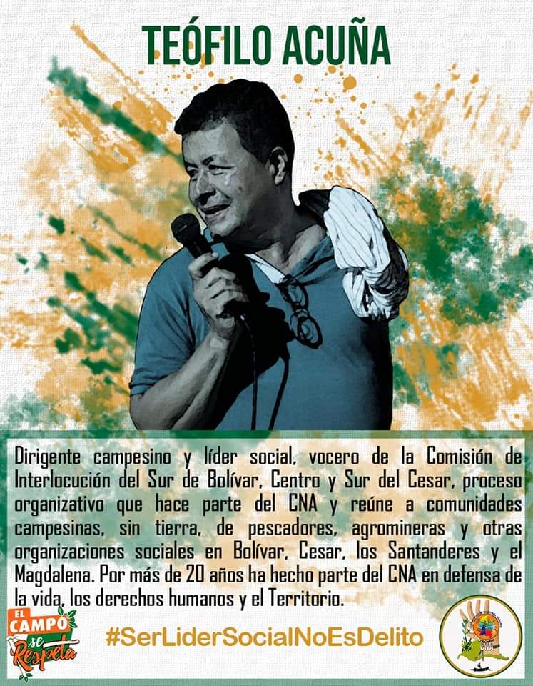 CNA_Colombia's tweet photo. #ALERTA #DENUNCIA
Una vez más la guerra sucia del Estado colombiano se ensaña con el Campesinado del CNA, acaban de asesinar a nuestros compañeros TEÓFILO ACUÑA Y JORGE ALBERTO TAFUR en el corregimiento de Puerto Oculto en el municipio de San Martín - Cesar https://t.co/LuJh5iJvfl