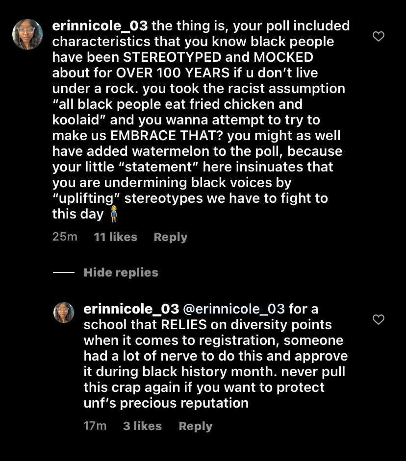 erin_ivery's tweet photo. below is an instagram post made by the University of North Florida Office of Diversity and Inclusion regarding their culturally insensitive story poll that they made for our school. it asked stuff like if black people favorite food and drink is fried chicken and kool-aid https://t.co/FVSTkiMeiT
