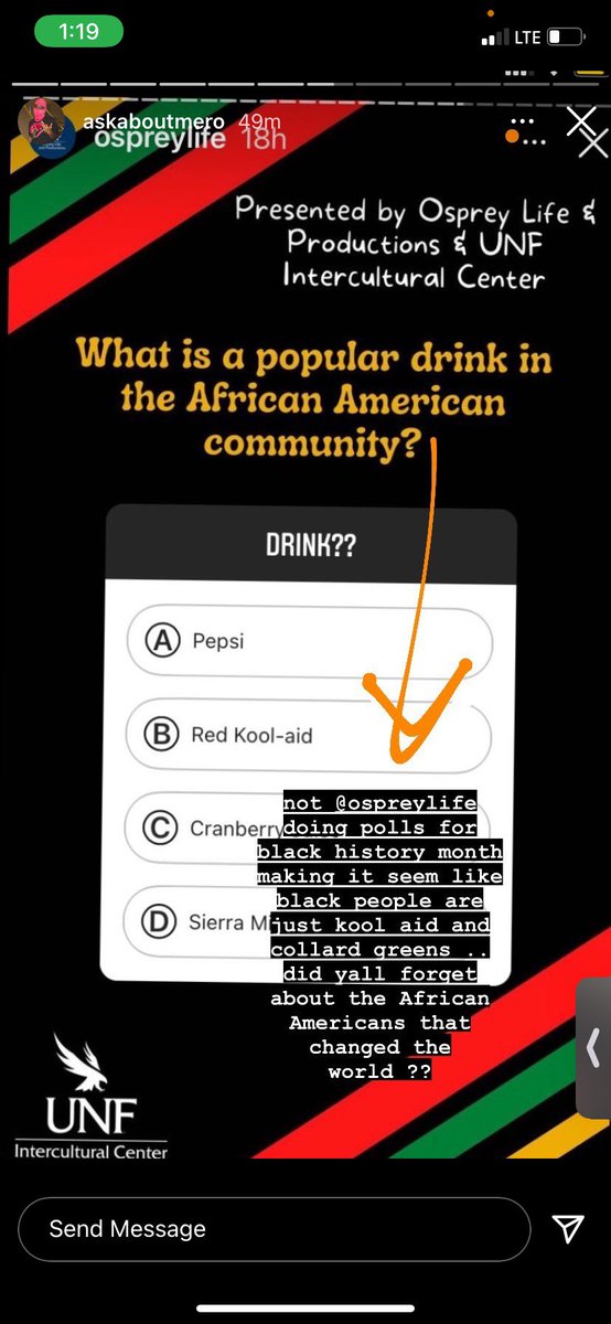 erin_ivery's tweet photo. below is an instagram post made by the University of North Florida Office of Diversity and Inclusion regarding their culturally insensitive story poll that they made for our school. it asked stuff like if black people favorite food and drink is fried chicken and kool-aid https://t.co/FVSTkiMeiT