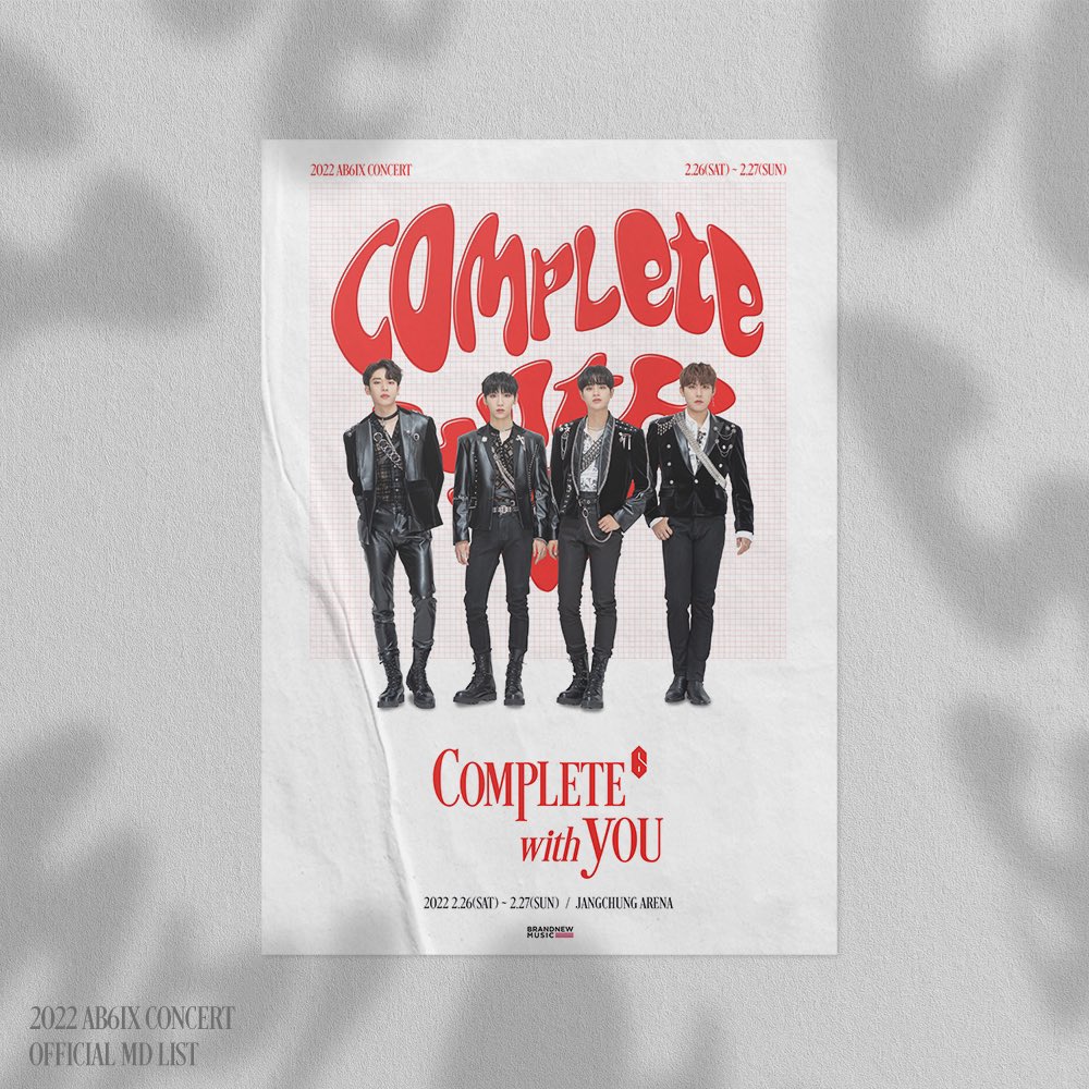 brandnewshop_'s tweet photo. 2022 AB6IX CONCERT 'COMPLETE WITH YOU' OFFICIAL MD 판매 안내

✅SALE TIME :
2022.02.26 (토) 11:00 ~ 17:00
2022.02.27 (일) 11:00 ~ 17:00
✅PICK UP : JANGCHUNG ARENA B1 AB6IX MD BOOTH (장충체육관 지하1층 AB6IX MD 부스)

https://t.co/zIser5bsuz https://t.co/qZoIORp0Px