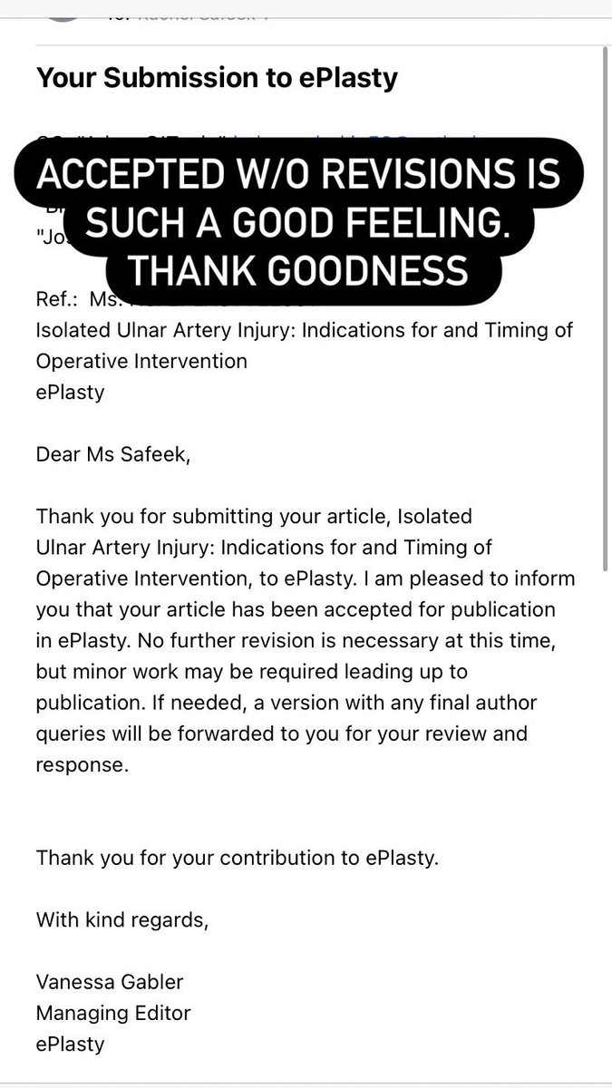 RachelSafeek's tweet photo. New first author #plasticsurgery publication accepted… and without revisions! Grateful for my co-authors from Louisville Plastic Surgery, Dr. Bradon Wilhelmi and Dr. Joshua Choo. https://t.co/q2f0Zpz6nJ