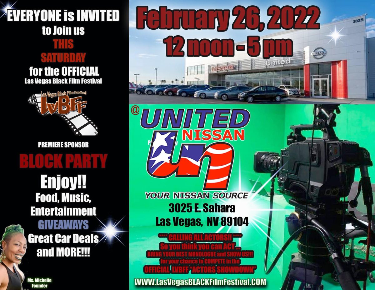 DON'T MISS the LVBFF Sponsor "BLOCK PARTY"  
This SATURDAY February 26, 2022 12 noon - 5:00 pm
@ 3025 E. Sahara Avenue, Las Vegas, NV 89104 in the UNITED NISSAN Parking LOT!!!
There will be GIVE A WAYS,  Great CAR DEALS*, Food, Music, Entertainment and MORE!!!!  
SEE YOU THERE!!!