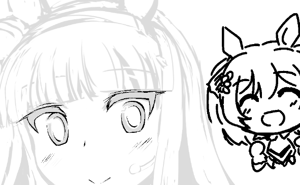 きのうのスズカさんのペンいれでペン設定調整ベクタレイヤー(右目)でのペンいれとラスタレイヤー(左目)でのペンいれとでびみょうにびみょうにちがうんだよなあ…ズームしないとわからないLvなのとおのれがLvのペンパワーではぶっちゃけどうでもいいといえばどうでもいいLvなんだけどぬぐぐぐ 