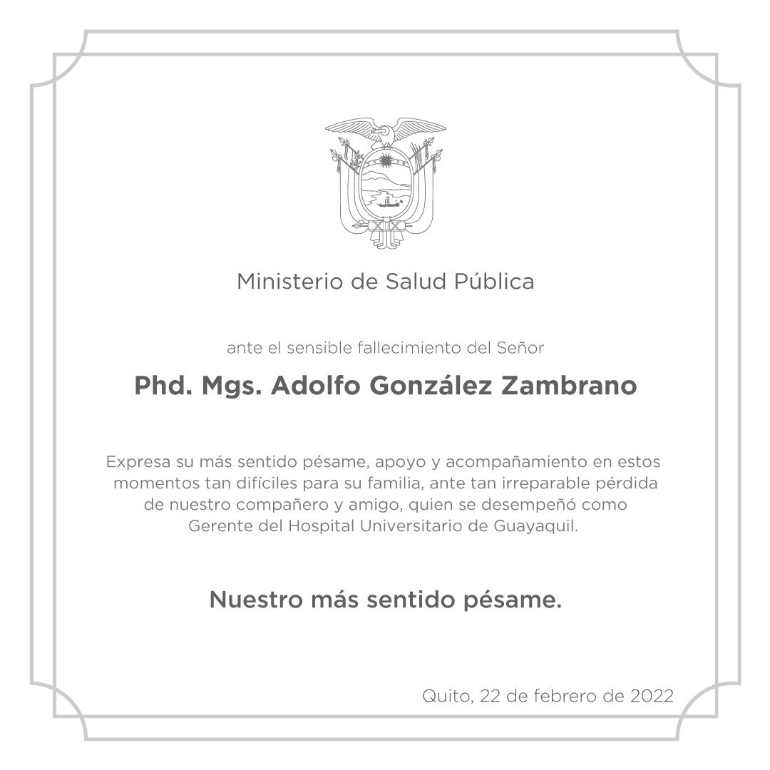 Salud_Ec's tweet photo. El Ministerio de @Salud_Ec expresa sus condolencias y solidaridad con la familia y amigos de quien en vida fue Adolfo González Zambrano. 

Nuestro más sentido pésame. https://t.co/A8IT1nuZGF
