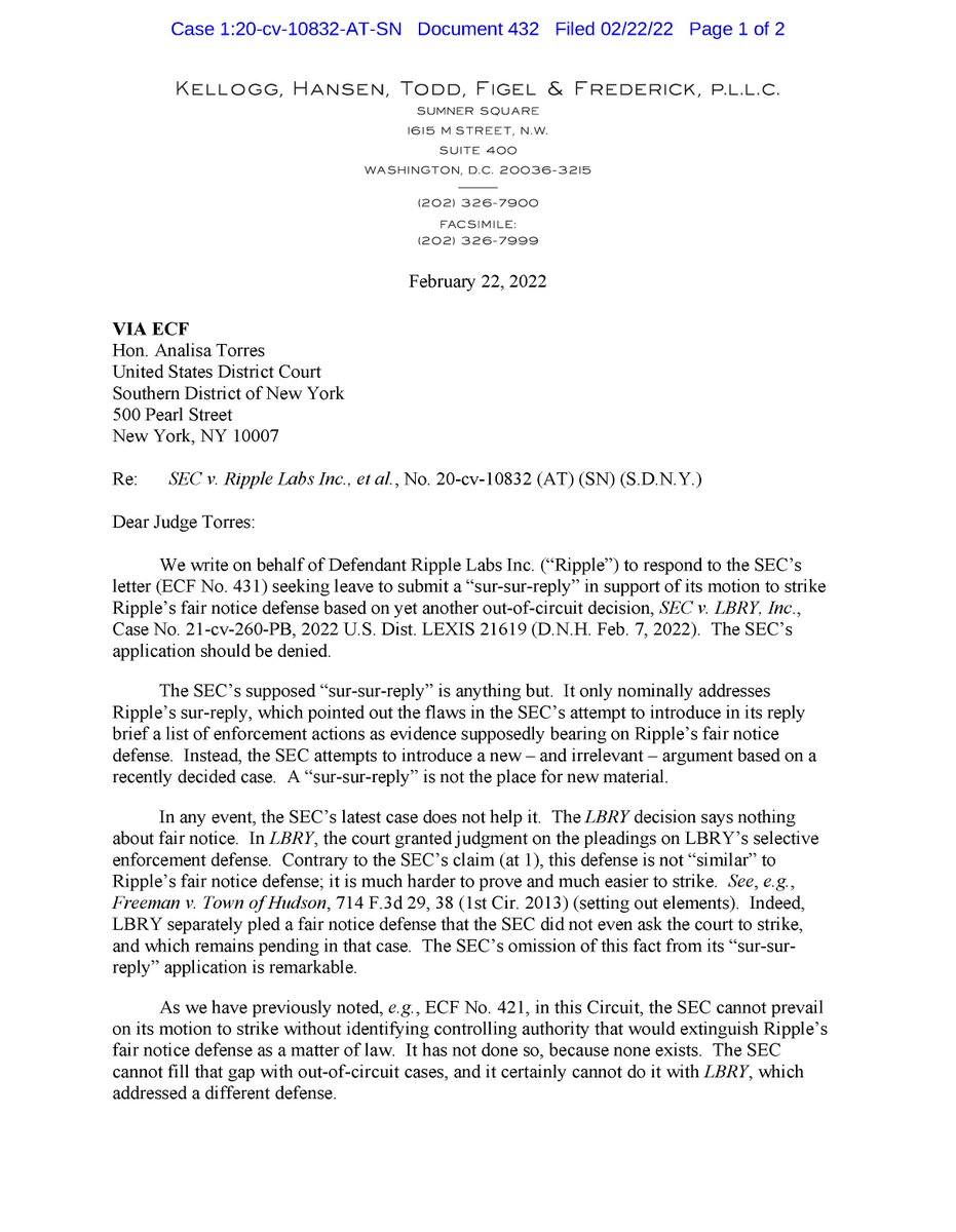 FilanLaw's tweet photo. #XRPCommunity #SECGov v. #Ripple #XRP Ripple responds to SEC. "LBRY separately pled a fair notice defense that the SEC did not even ask the court to strike, and which remains pending in that case. The SEC’s omission of this fact from its “sur-surreply” application is remarkable." https://t.co/Z5EheevICu