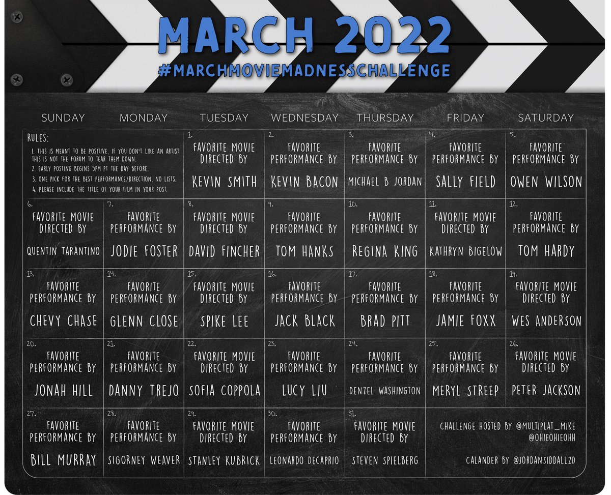 Hey #FilmTwitter friends!
I’m happy and excited to announce the new #MarchMovieMadnessChallenge 
Hosted by @OhieOhieOhh and myself! Shout out to @JordanSiddall2D for the most amazing Design!
All names were randomly drawn to create the Calendar.
Rules are top left in the Image 🤗