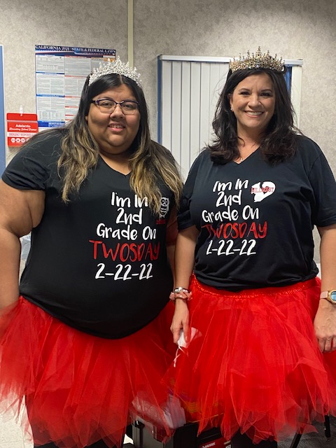Morgan Kincaid 2nd grade teachers, Ms. Carrasco and Mrs. Hillquist, had a wonderful celebration today, Twosday, recognizing the date, 2-22-22. And it’s a palindrome too meaning it reads the same forward and backward. Love the tutus and ties! #twosday.
