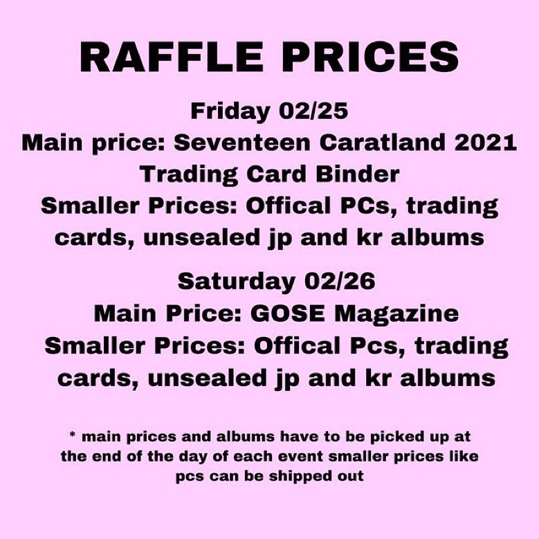 februaryboyssvt's tweet photo. NEW YORK
These will be the prices for the event, we decided to have two separate big prices for each day based on the poll that was taken a few weeks ago. Remember non pc prizes need to be picked up at the event.

I hope everyone is looking forward to the event https://t.co/N3zgCxi1Id