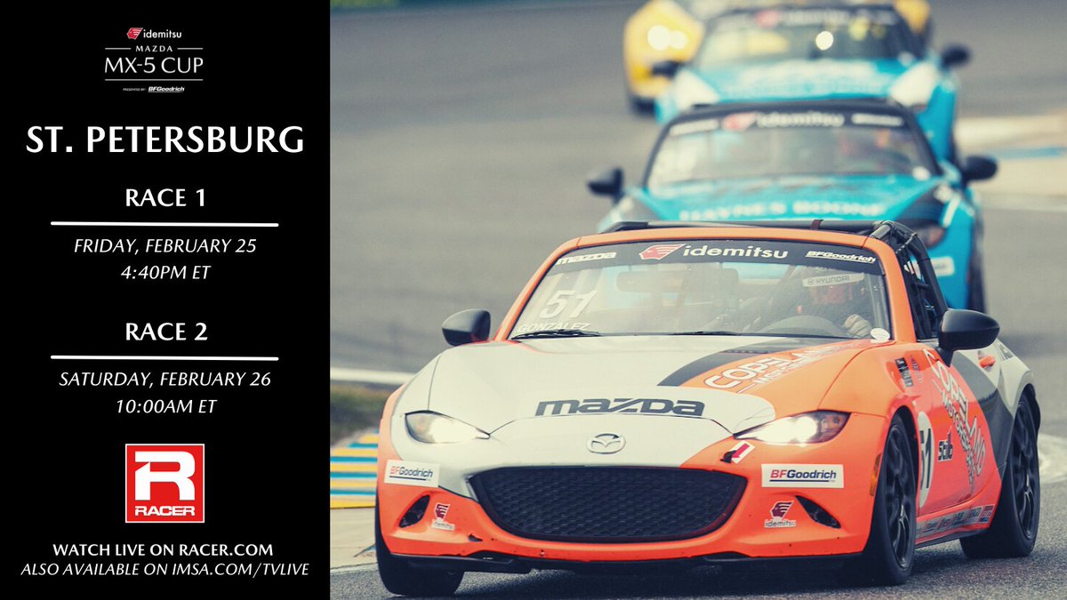MazdaMX5Cup's tweet image. Watch #MX5Cup Rounds 3 and 4 LIVE from the @GPSTPETE this week on RACER.com 

@MazdaRacing | @IdemitsuLubes | @BFGoodrichTires | @performanceflis | @IMSA | @RACERmag