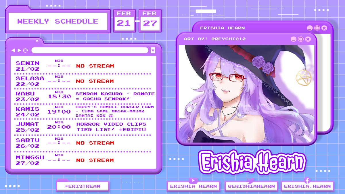 ErishiaHearn's tweet photo. Jadwal Minggu iniiiii~ 
Art credits: @/reychi012, Robbin (schedule design)

💜Hashtags💜
Fan Name: #Faerish
Fanart: #ErishiArt
Stream/clips: #Eristream/ #Ericlips
Meme: #Meemeri 
NSFW: #ErishiAhn https://t.co/n4prb4jcAU