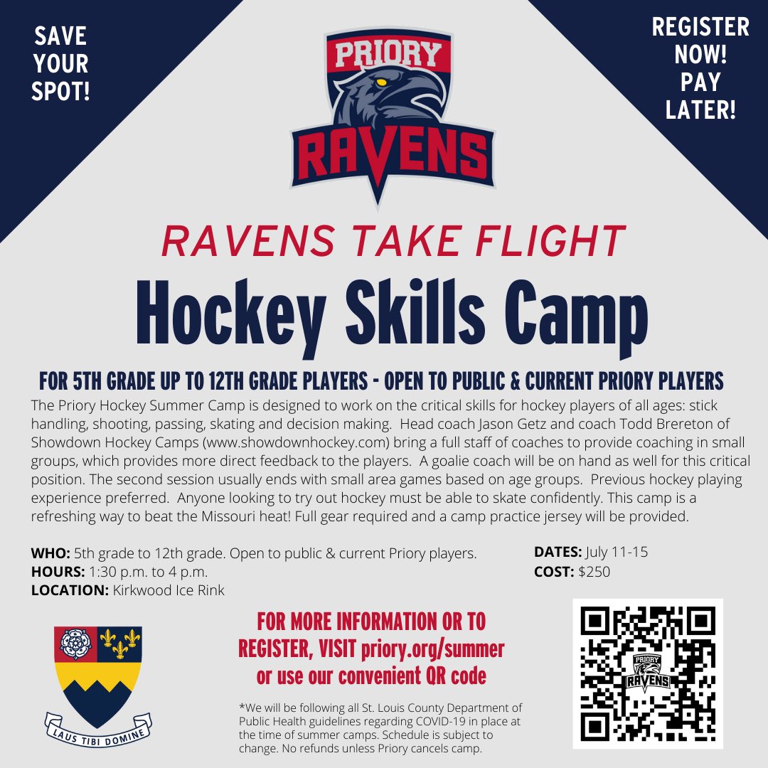 HockeyPriory's tweet photo. The hockey playoffs hit the semifinal round this week, and the excitement of another great season will continue this summer at the Ravens’ skills camp. Visit https://t.co/6IgSYcqVLs for more information and registration. https://t.co/LM8tPZxXTt