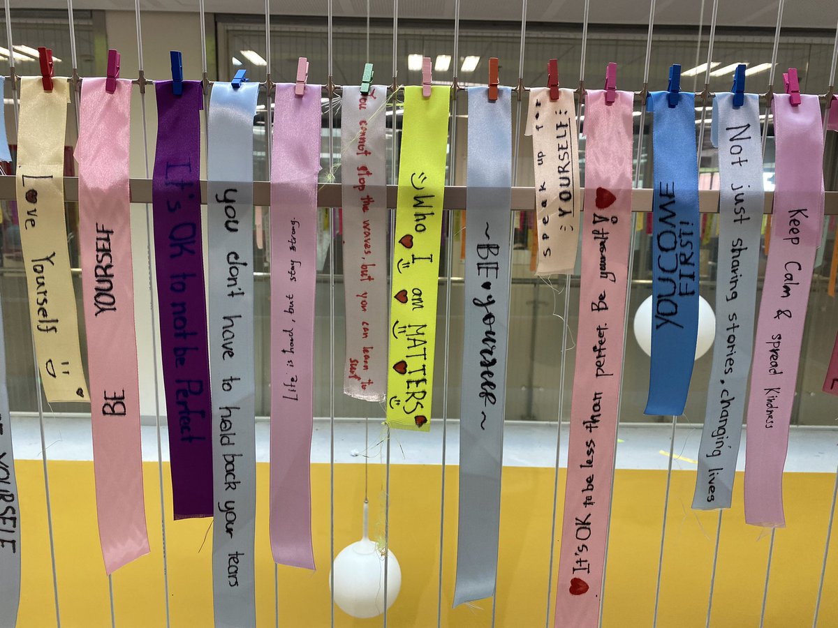 At our school, Dulwich College Shanghai Pudong, we have hundreds of wellbeing ribbons hanging around our balcony, all written by students to support our community. I paused today and read a few. Which one speaks to you most? #wellbeing