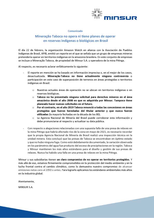 Minsur_Oficial's tweet photo. COMUNICADO: Mineração #Taboca no opera en terrenos protegidos. Tenemos un compromiso firme y explícito de no operar en áreas protegidas, así como preservar el medio ambiente y luchar frontalmente contra el cambio climático.
Info: https://t.co/UPPUkBPCNA https://t.co/KZ3XujJcDT