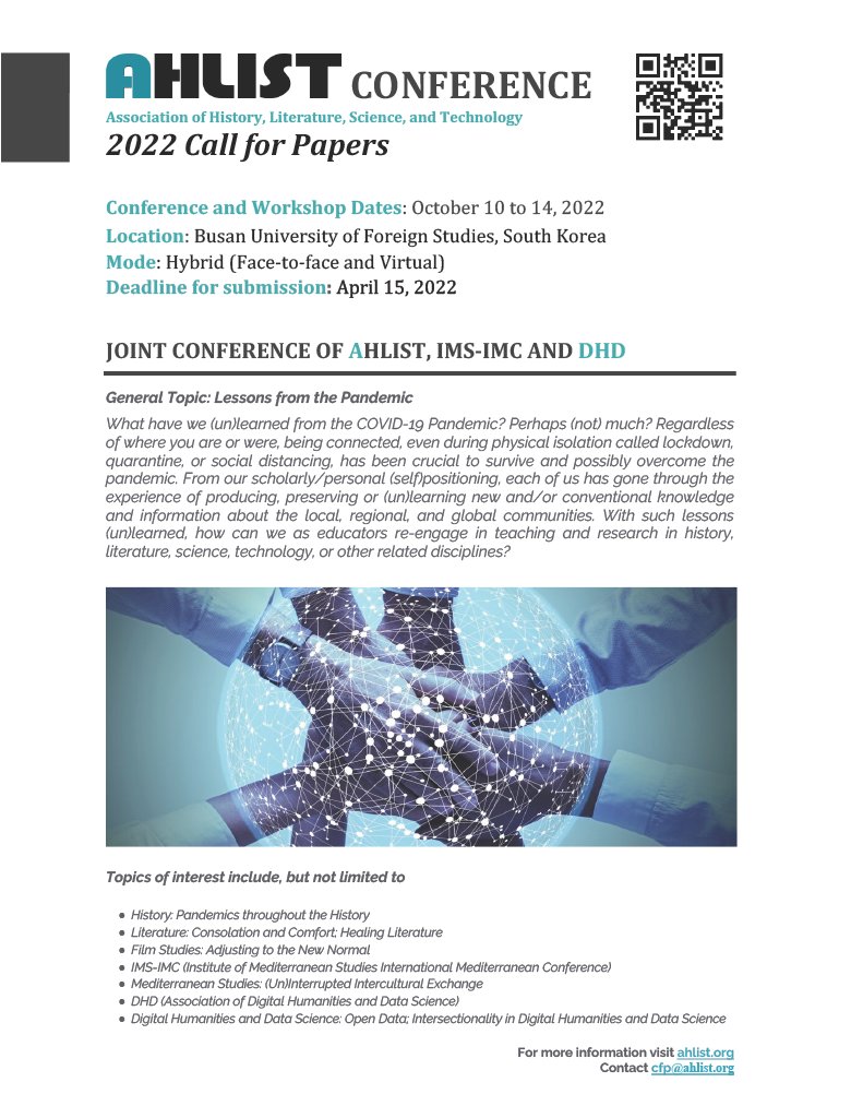AHLiST_Congress's tweet photo. #CFP!
🎙11th AHLiST Conference, hybrid (Virtual & Face-to-Face).
🎙Convocamos el XI Congreso #AHLiST en S. Corea, virtual y presencial.
🕰🧭 #BusanUniversity (BUFS, South Korea), Octob. 10-14, 2022.
⏱Deadline/ Propuestas hasta: April 15, 2022.
+ info: https://t.co/9q6mQmlhCb https://t.co/5m6pDcVnPW