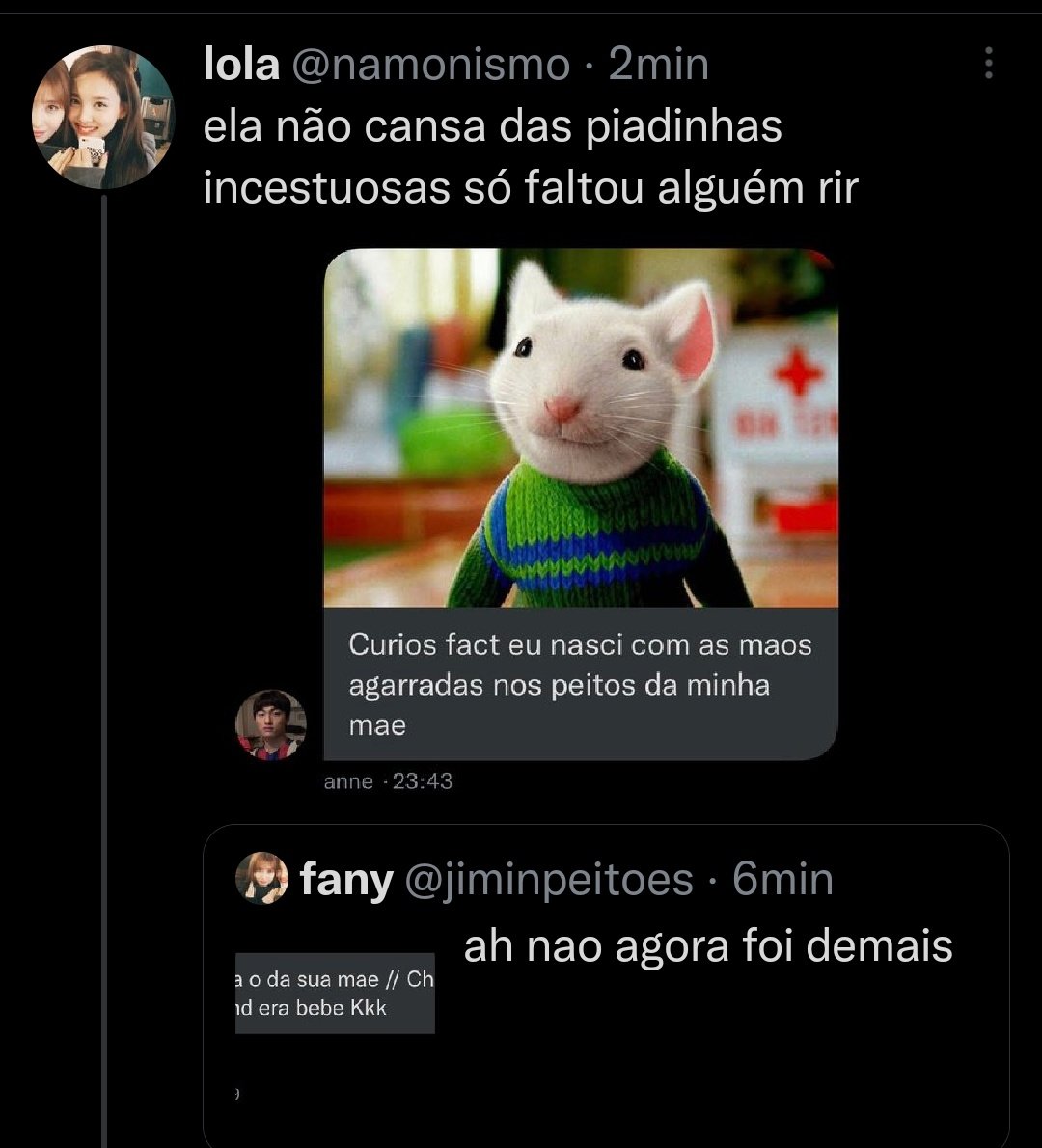 ladyrabe's tweet photo. NOJO!

Anne, a ex participante do batalhão cometeu uma sequência de falas que insinuava atos de incesto com sua mãe. Nós imediatamente tivemos uma rápida atitude com a mesma e a expulsamos de nossa pequena comunidade. https://t.co/5LqDhmzPGC