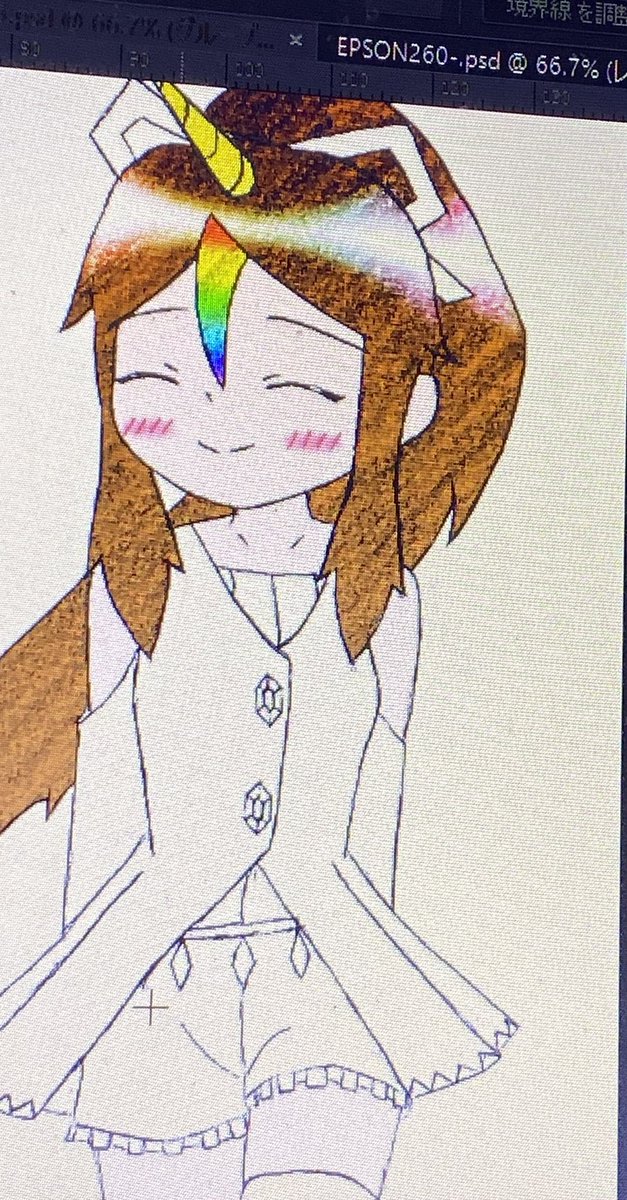最近の絵は線画だけ描いてスキャンした後、手描き風のトーンを載せてそこに着色してます
手描き風っていうか実際にシャーッと鉛筆で描いたものを合成してます
こんな感じの 