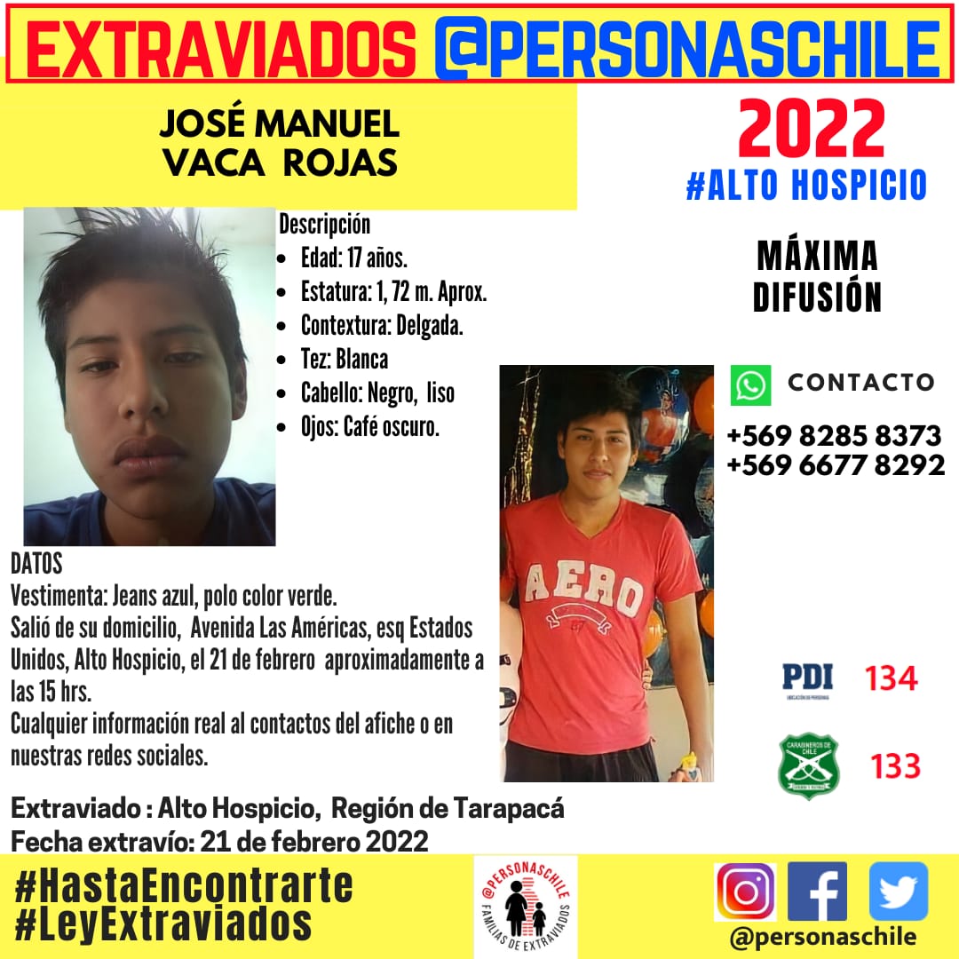 FDesaparecidos's tweet photo. 🆘ALERTA ACTIVA🆘
José esta extraviado y aun no hay de noticias de el, por favor #AYUDANOSAENCONTRARLO #MENOREXTRAVIADO #MAXIMADIFUSION #URGENTE #ALTOHOSPICIO @rnetarapaca https://t.co/6wQJZyENfq