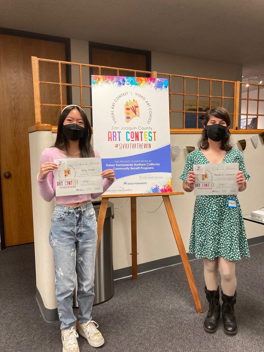sjcphs's tweet image. 👏Congrats #SJVaxFTW Contest winners! Co-grand prize Amy Trihn & Madison Salazar (video). Natalie Ellison, grand prize & Rayyan Faruque, 1st runner-up (visual art). Twins Hendrix & Harmony Hansbury too. Thx @kpcentralvalley, Community Foundation of SJ, @CodeStackStkn for helping!
