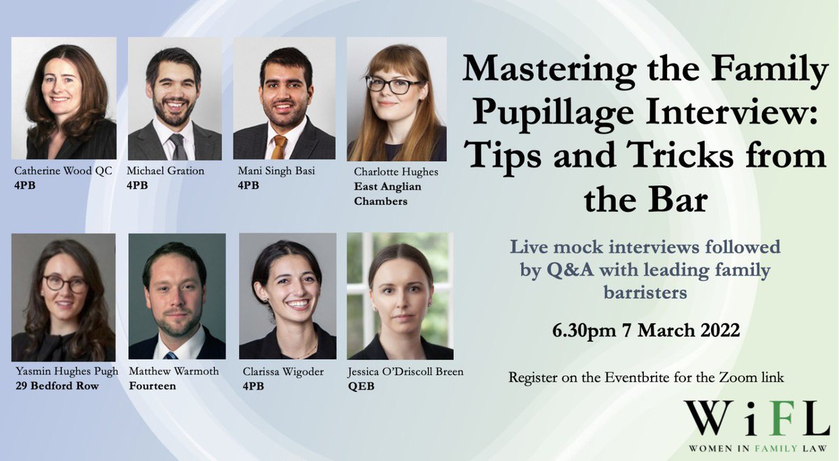 WiFLaw's tweet image. 1/2 Pupillage season is upon us! Join us on March 7th to watch live mock pupillage interviews (one focussed on children law and one on financial remedies). We know how tough this time of year is and want to try and support you to shine during interviews. Link in next tweet!