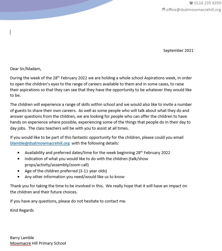 MattSPeet's tweet photo. It’s the final plea for support for @MowmacreHill Aspiration Week. Can you help to show our pupils that there is no end to what they can achieve? Have you got a story to tell? Our children need to believe they can achieve-can you show them the way? Please see below &amp; get in touch https://t.co/n93th7vyA5