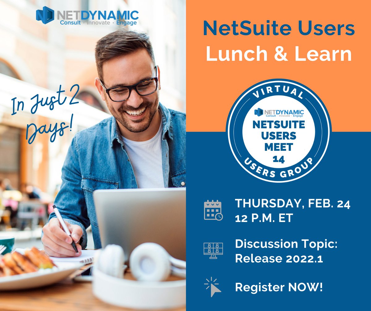 Net_Dynamic's tweet photo. Just 2 days until NetDynamic's special Lunch &amp; Learn #UsersMeet! Register TODAY for this virtual #NetSuite forum where you can network, share insights and win a prize...while you enjoy your lunch! https://t.co/CQE3rufXkv

#netdynamicconsulting #virtualnetworking #lunchandlearn https://t.co/zgfEcBkniK
