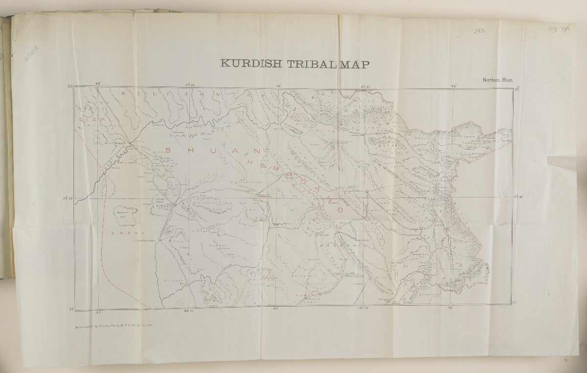 The map is in primarily black ink with indications of topography and mountains given by hachures. Kurdish tribal areas are shown in red ink: