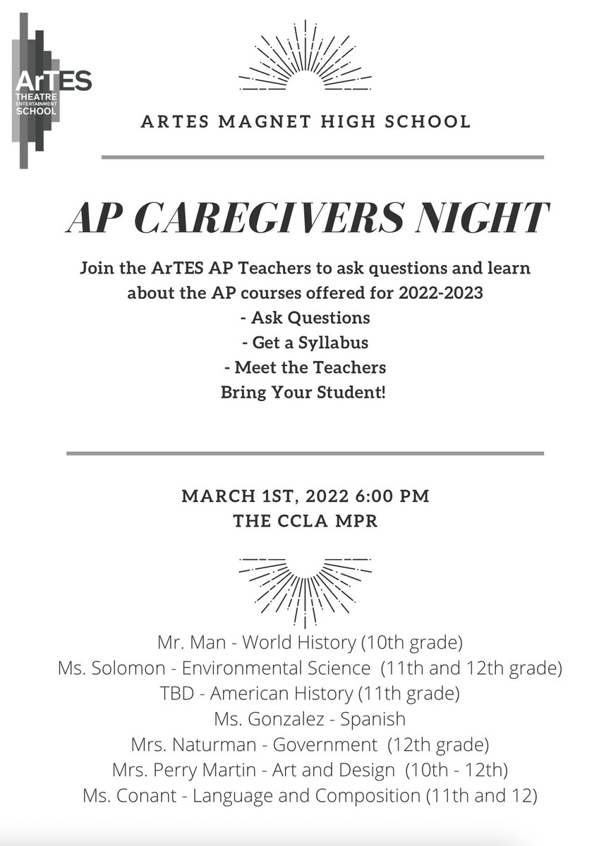 ArtesMagnet's tweet photo. Have questions about AP? Does your caregiver maybe want to talk to the teachers about their expectations and program? Then save the date and be sure to attend the AP informational night happening on March 1st at 6pm in the MPR! #weRartes #LDNE #collegebound https://t.co/QKSm0m2kDp