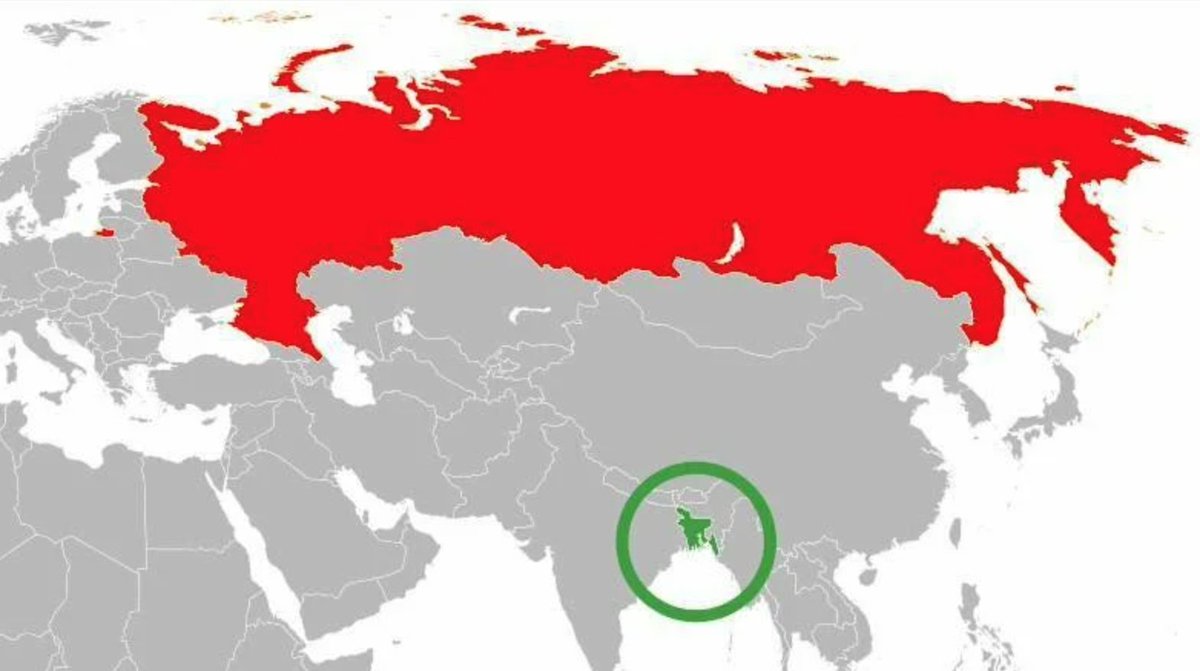 Красным отмечена Россия с населением 145 миллионов. Зелёным — Бангладеш с населением 165 миллионов. Угадай, кому из них вечно мало земли.