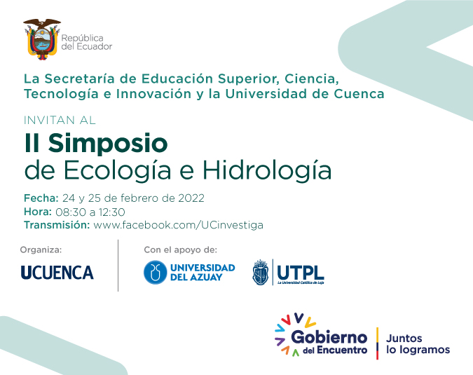 📌24-25/febrero | 𝗜𝗜 𝗦𝗶𝗺𝗽𝗼𝘀𝗶𝗼 𝗱𝗲 #𝗘𝗰𝗼𝗹𝗼𝗴í𝗮 𝗲 #𝗛𝗶𝗱𝗿𝗼𝗹𝗼𝗴í𝗮 organizado por <a href="/udecuenca/">UCuenca</a>, con el apoyo de y <a href="/utpl/">🎓 UTPL</a> y <a href="/uazuay/">UniversidaddelAzuay</a>, en el marco del programa y proyectos de I+D cofinanciados por <a href="/EduSuperiorEc/">Viceministerio de Educación Superior</a>.

¡Conoce los resultados! ⤵️
facebook.com/UCinvestiga/