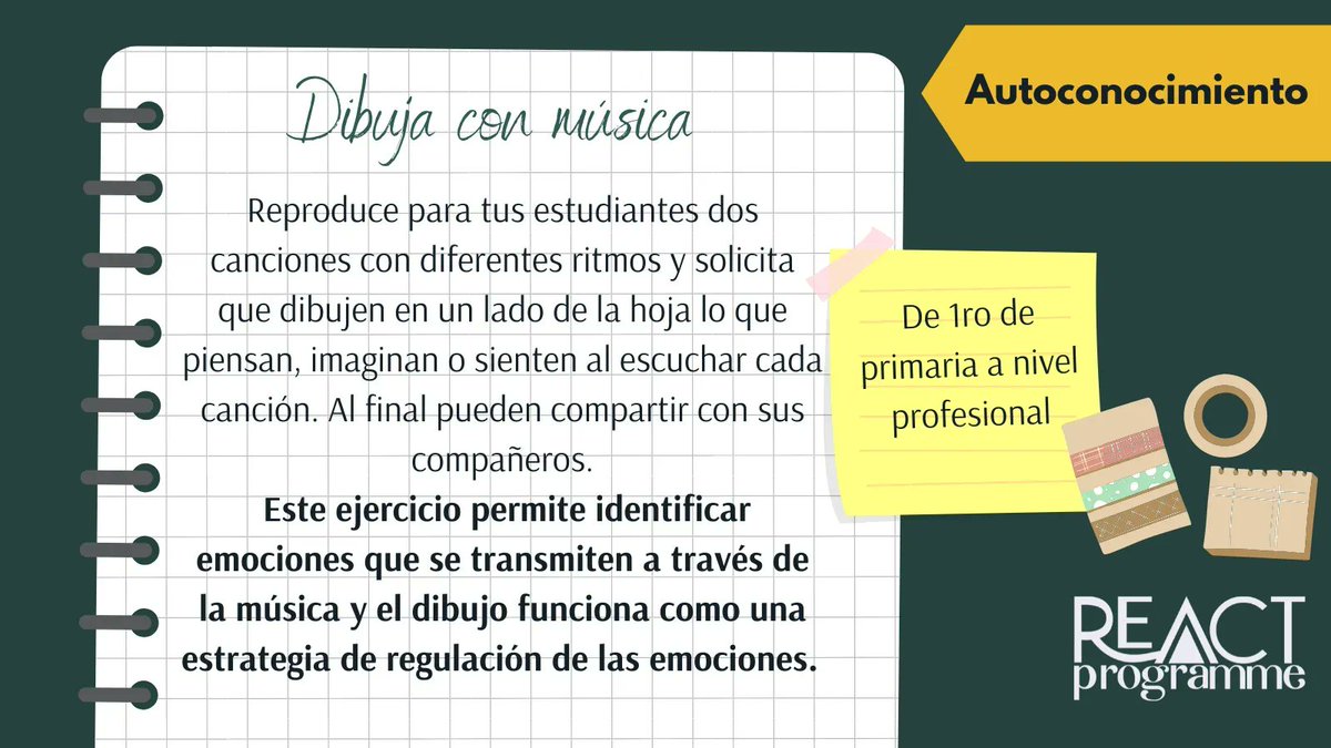 reactprogramme's tweet image. Estrategias| ¿Se pueden trabajar las emociones a través de la música?🎶 ¡Sí! Aquí te proponemos una actividad para ello 👉

#HSE #Aula #educacion