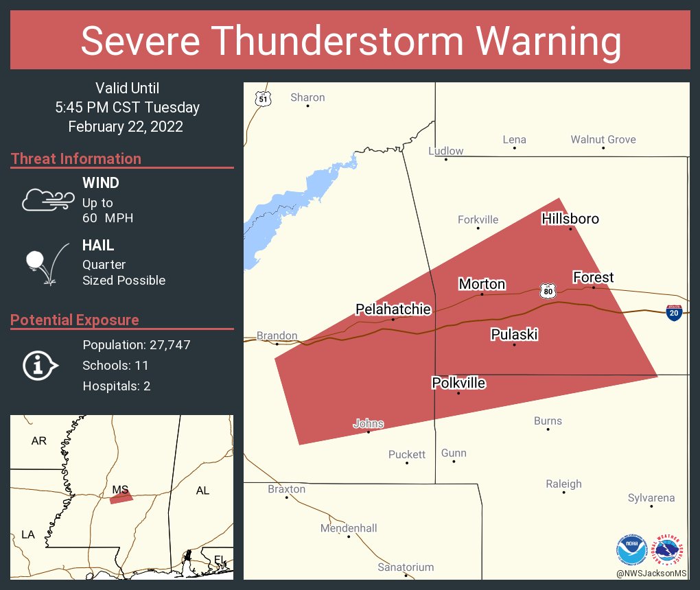 visitsmithms's tweet photo. ⚠️ ALERT: A SEVERE THUNDERSTORM WARNING has been issued for extreme northern Smith County by @NWSJacksonMS until 5:45PM CST. Wind gusts up to 60mph and quarter-sized hail are possible with this storm. SEEK SHELTER IMMEDIATELY! https://t.co/YKwGN8mj9v