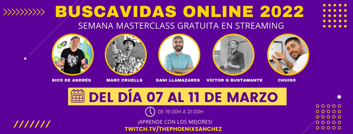 🚨 ¡Buscavidas Online 2022! 
Semana para aprender con los mejores en Monetización, Marketing y SEO ¡Gratis!
🗣 Ponentes: <a href="/sicodeandres/">Sico de Andrés</a> <a href="/chuisochuisez/">Chuiso</a> <a href="/dani_llamazares/">Dani Llamazares</a> <a href="/Marc__Cruells/">Marc</a> <a href="/victorgbusta/">Víctor G Bustamante</a>
📅 Del 07 al 11 Marzo
PD: Agradezco el RT y difusión
👇 Abro hilo para más info