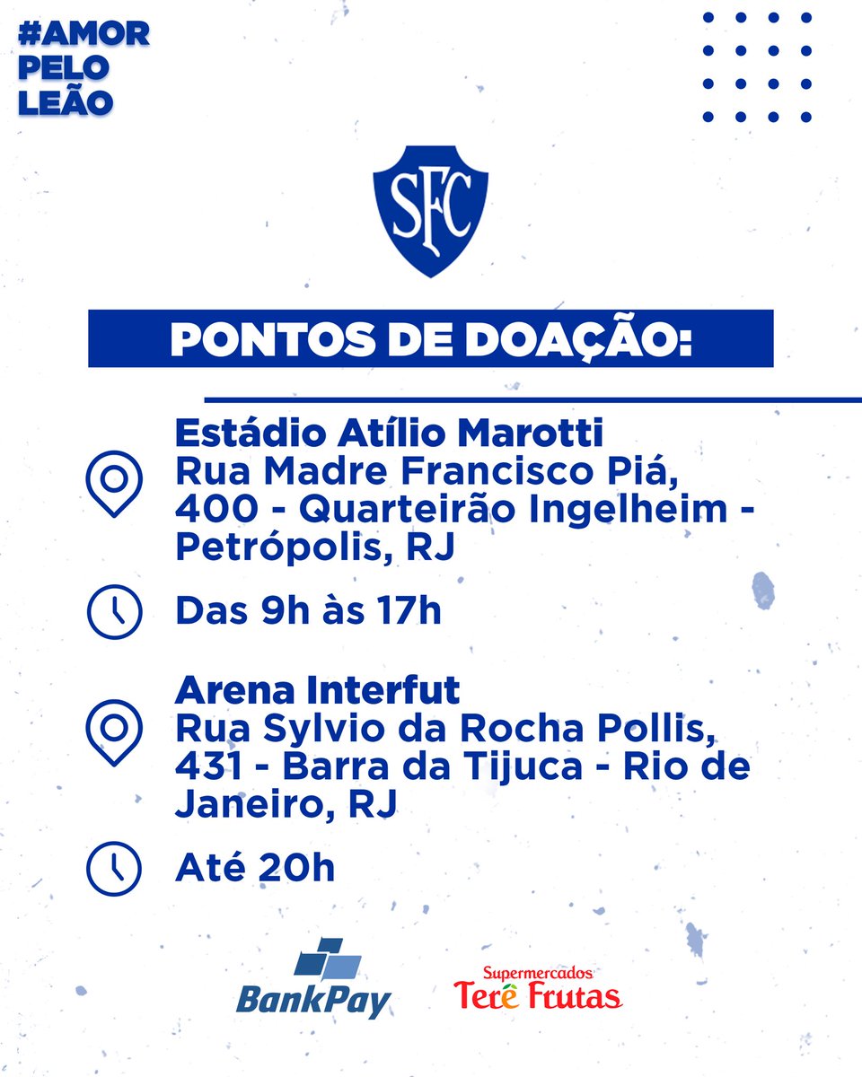 serranofc_rj's tweet photo. Doe para Petrópolis! 💪🦁

Seguimos recebendo doações em nosso CT Arena Interfut e no estádio Atílio Marotti. 🔛🔵⚪️

⚠️ Precisamos de alimentos, ração, produtos de higiene e mais. 

🚫 Não estamos mais recebendo vestimentas.

⏩ Arraste para o lado e saiba mais. 

#AmorPeloLeão https://t.co/e9FlRbm4h4