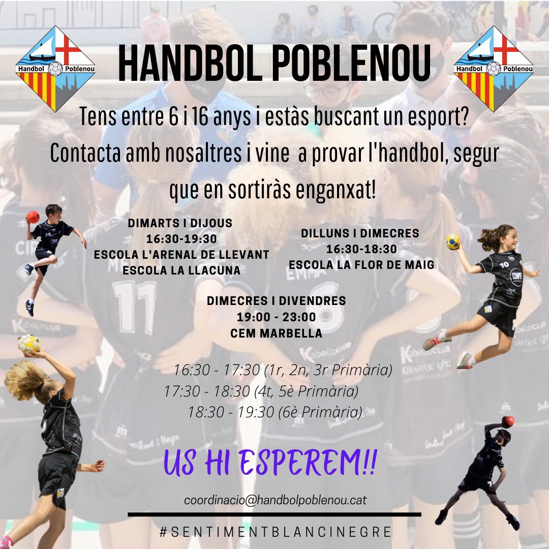 H_Poblenou's tweet photo. 📣T’agradaria jugar a HANDBOL?
Vine a provar-ho amb nosaltres!! 🤍🖤

👉🏻 Nens i nenes de 6 a 16 anys
🗓De dilluns a divendres 
🕟 A partir de les 16:30h

📩coordinacio@handbolpoblenou.cat https://t.co/mx3Vx34WGG