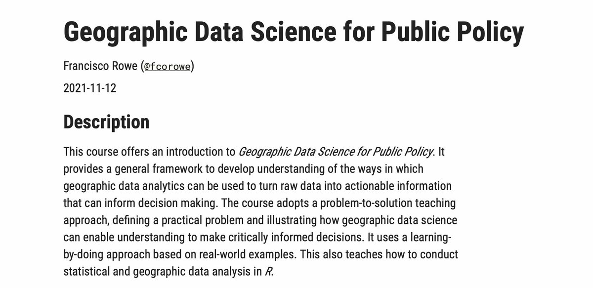 Fcorowe's tweet photo. Sharing a new course on geographic #datascience for public policy in R leveraging on all the goodies from #rstats  &amp; #rspatial. All for the right price👌🏽, entirely open🔓. This is a first iteration inspired by @darribas's gds course in Python 

🔗https://t.co/UHUi6k4diq

🧵[1/n] https://t.co/HbMolAt15C