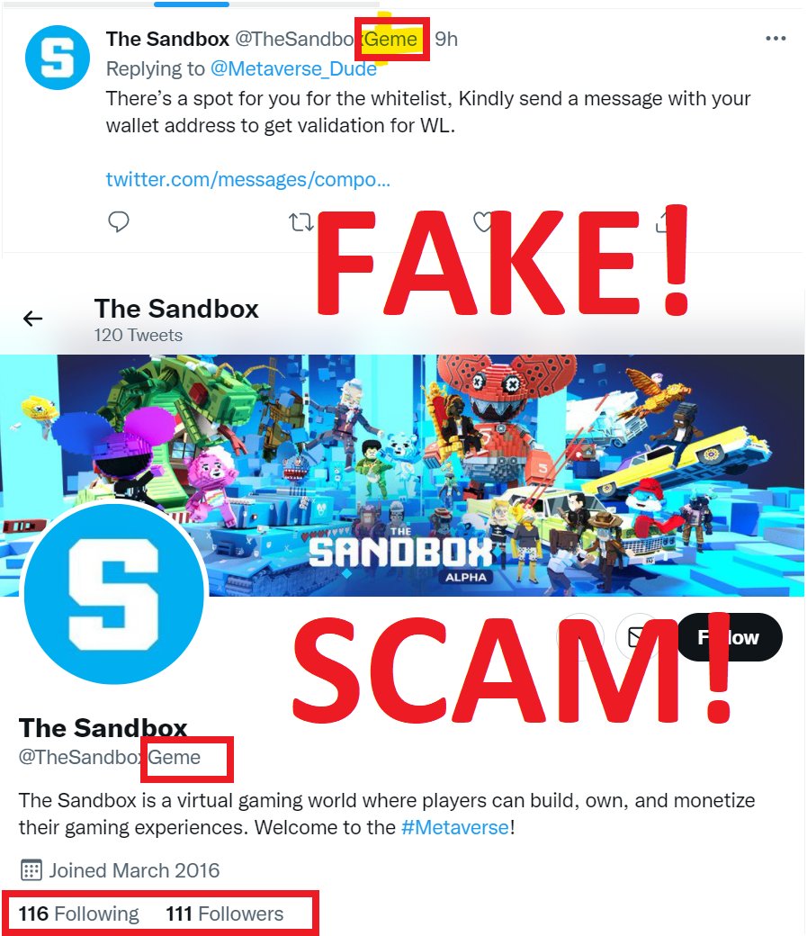 Metaverse_Dude's tweet photo. SCAM alert !  Reported.
 Fake profile named theSandboxGeme impersonating @theSandboxGame 

#scam #scamalert #fake #NFTs https://t.co/kdxuCOSlt1