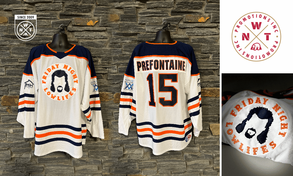 A beautiful set of custom hockey jerseys for the Friday Night Lowlifes. Pictured is the light set. Contact NWT Promotions Inc. about custom jerseys for any sport.
#customhockeyjerseys #jerseys #NWTPromo #sprucegrove #stonyplain