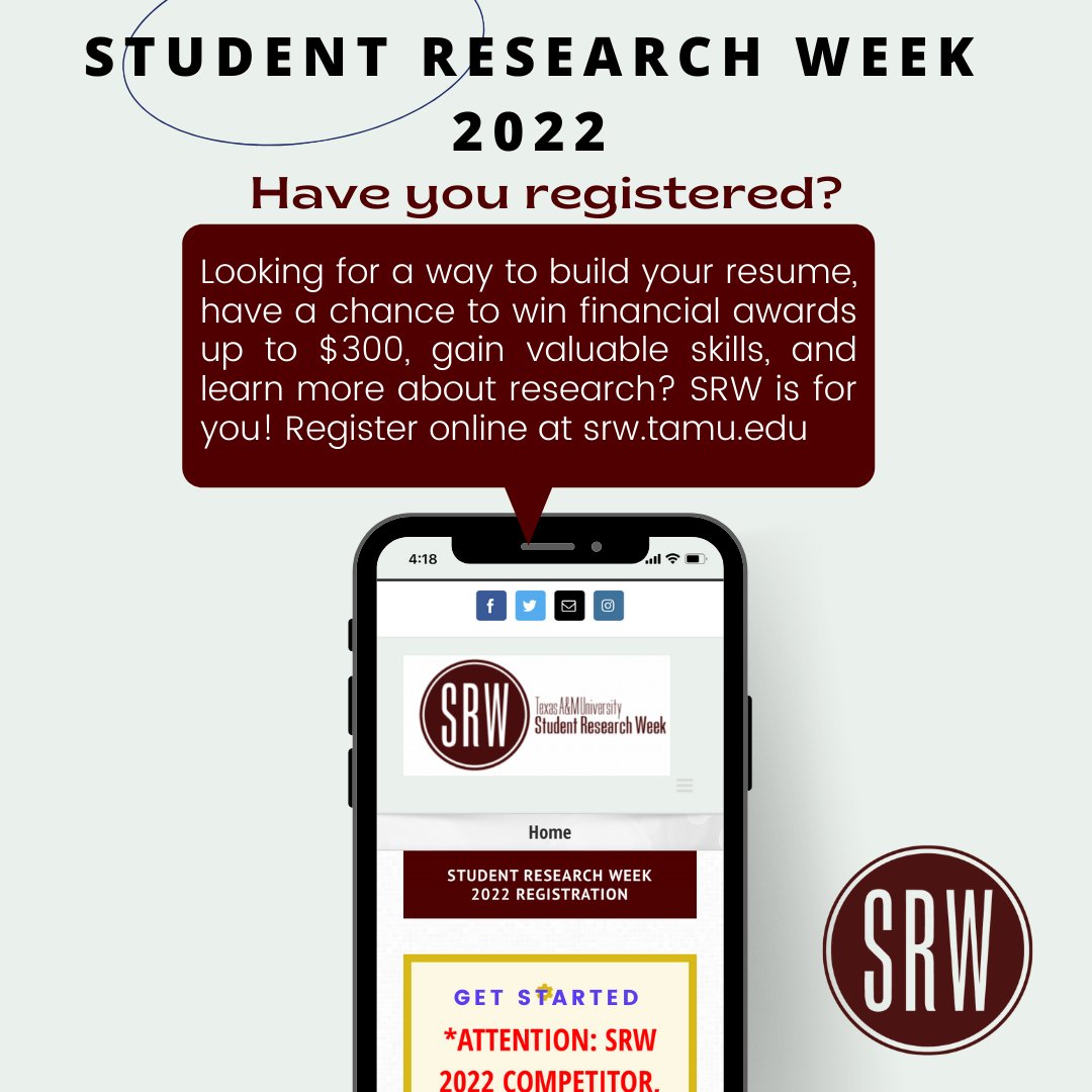 Have YOU registered for Student Research Week 2022? Registration has been extended to March 8th, 2022 and the benefits are endless! Register online at srw.tamu.edu 👏💯 

#tamu #srw #research #srw2022 #TAMU