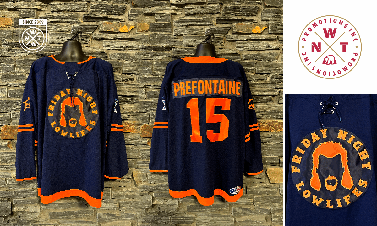 A beautiful set of custom hockey jerseys for the Friday Night Lowlifes. Pictured is the dark set. Contact NWT Promotions Inc. about custom jerseys for any sport.
#customhockeyjerseys #jerseys #NWTPromo #sprucegrove #stonyplain