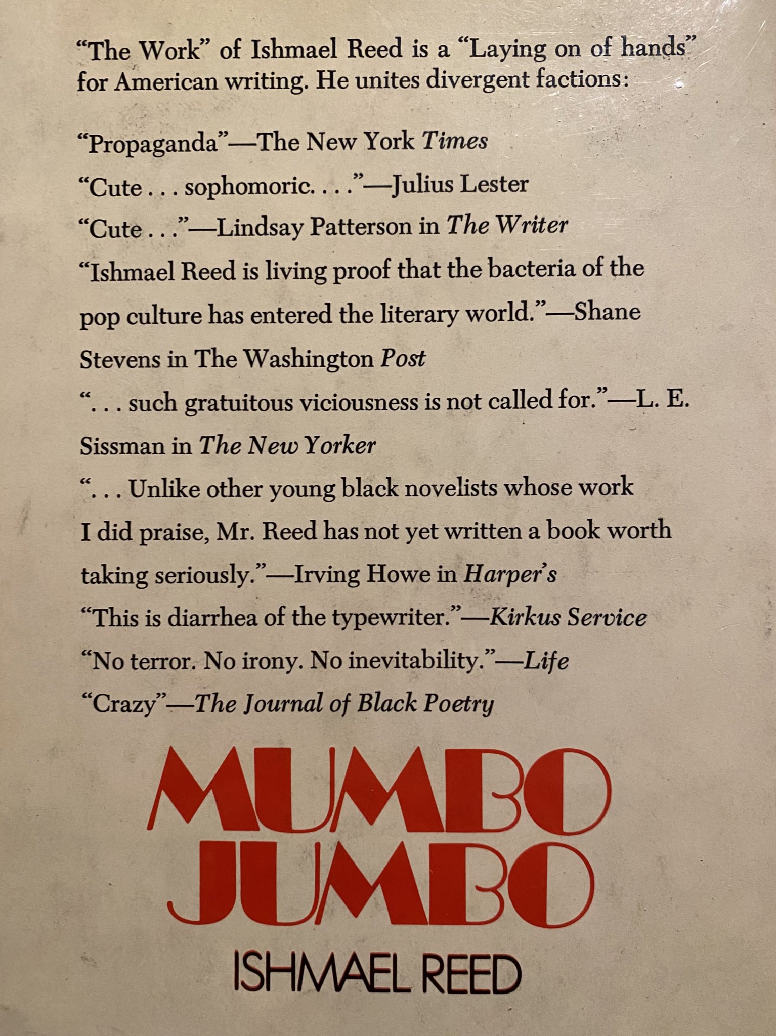 Happy birthday to Ishmael Reed who once published a book with only negative blurbs 