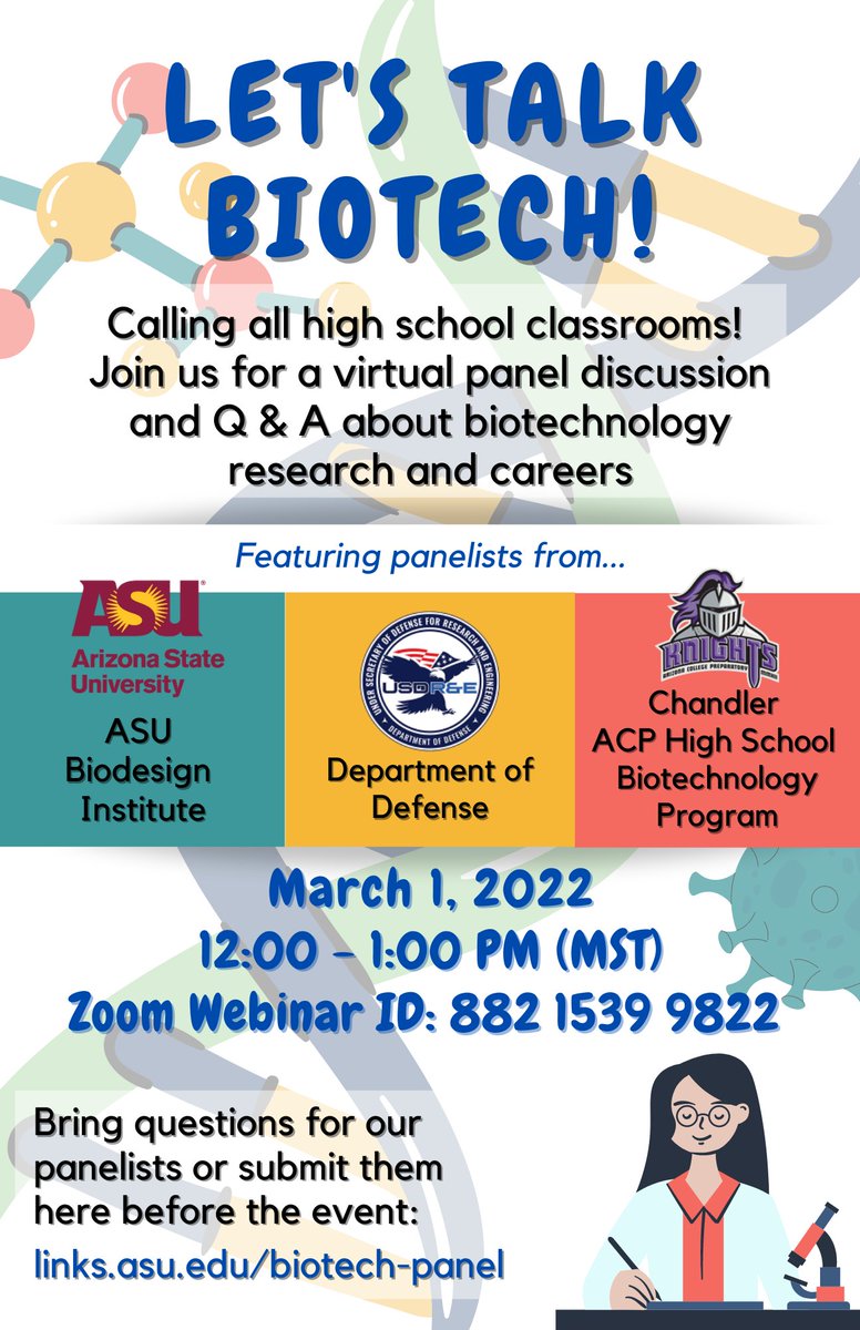 CassKella's tweet image. I&apos;ll be moderating this fun panel on biotech pathways as an outreach event for our #biosensenetwork. Open to high school students &amp;amp; teachers! Glad to be part of the 2022 #azscitech festival 🦎
@AZSciTechFest @DoDstem